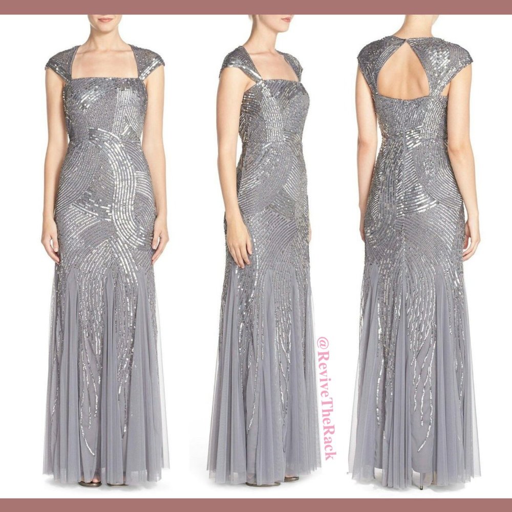 NEW Adrianna Papell Embellished Mesh‎ Envelope Gown in Silver/Grey [SZ 2 ]